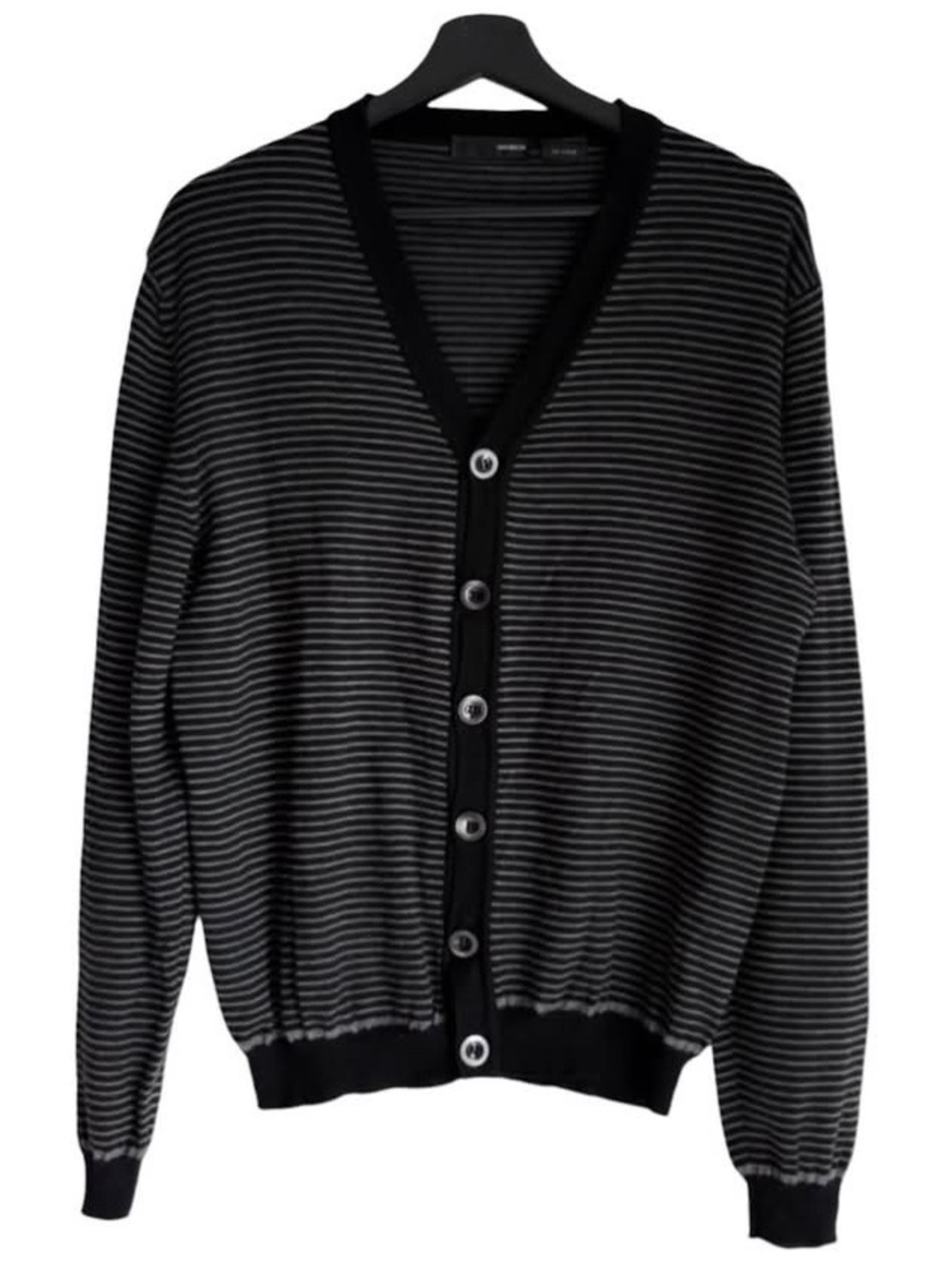 Vintage Pure New Wool 100% Black & Gray Striped Button Cardigan Sweater 90s Y2K